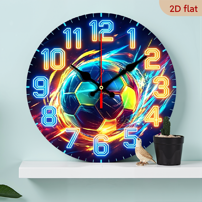 2D flat, a 10-inch wooden silent wall clock, vibrant neon soccer ball, suitable for bedroom, living room, office decoration, also as a gift for various festivals.
