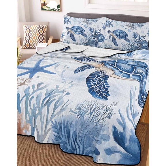 Summer Beach Coastal Queen Size Down Alternative Comforter, Lightweight Comforter Quilt Bedding Set with Pillow Shams Sea Turtle Coral Nautical All Seasons Bed Comforter Duvet Insert 90"x96"
