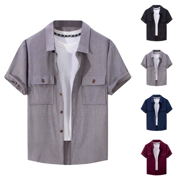 SGFCWSX Mens Textured Shirt Short Sleeve Button Down, Double Pocket Lightweight Breathable Summer Casual Work Wear Gray Size 2XL