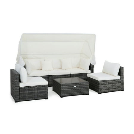 Spaco 6 Pieces Patio Rattan Furniture Set with Retractable Canopy Outdoor Patio Furniture Set with Heavy Duty Steel Frame Patio Furniture Set for Outdoor as Garden Patio Off white