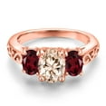 thumbnail image 3 of Gem Stone King 18K Rose Gold Plated Silver Peach Morganite and Red Rhodolite Garnet Filigree Style 3 Stone Ring for Women (2.00 Cttw, Oval 8X6MM and 6X4MM) (Size 9), 3 of 6