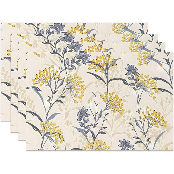 Floral Table Placemats Set of 4 Summer Flower Linen Cotton Washable Table Mats Heat Resistant Reusable Place Mat for Kitchen Dining 12x18 Inch