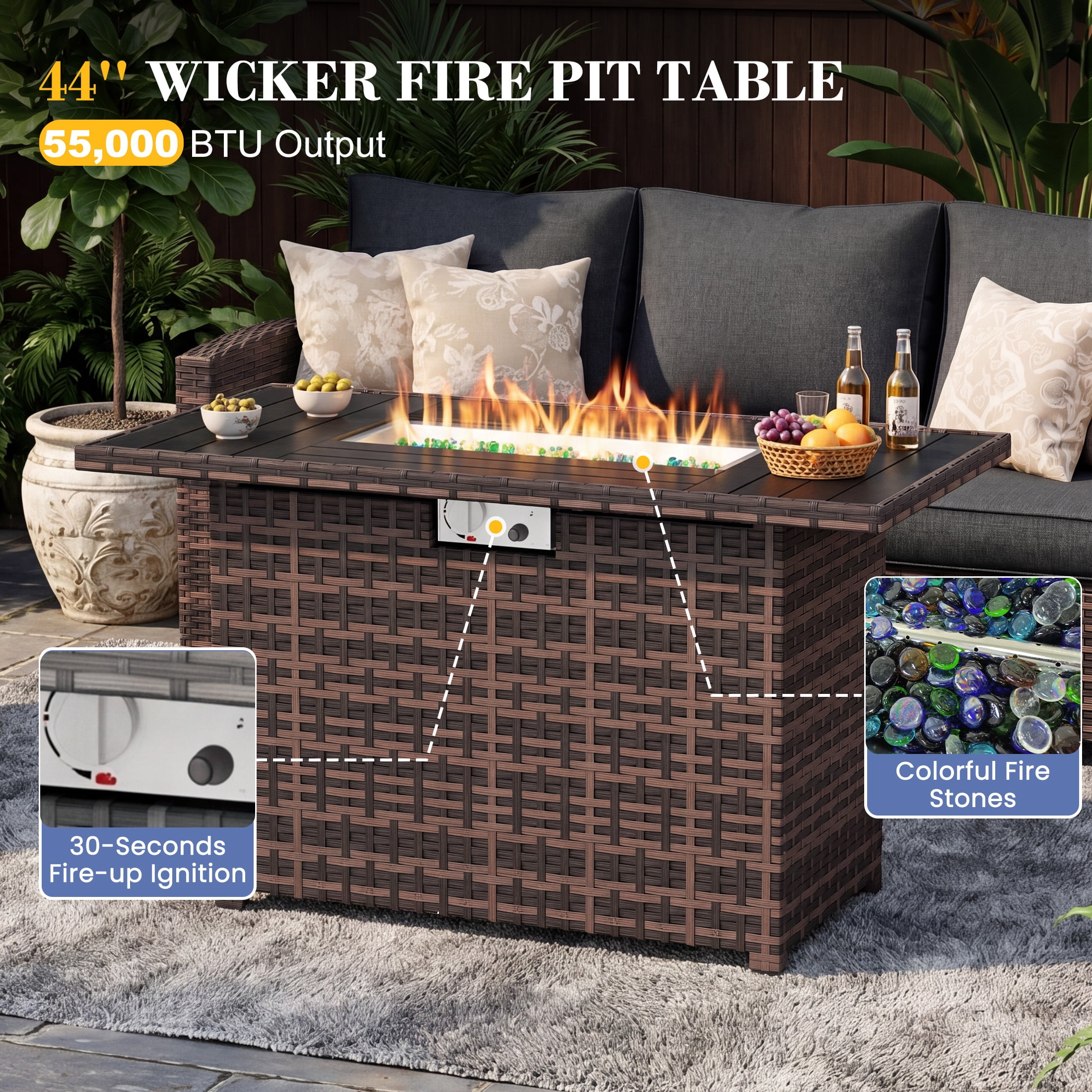 POTEBAN Rattan Propane Gas Fire Table,Outdoor Gas Burning Fire Pit,Outdoor Rattans Wicker-Look Square Fire Table with windscreen for Backyard,Brown
