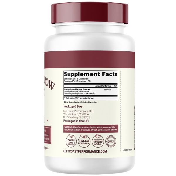 Left Coast Performance Bovine Bone Marrow Supplement - 100% Grass Fed and Pasture Raised in New Zealand- Supports Collagen, Joint, Bone & Immune Health- 180 Capsules