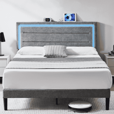 Sailvan Queen Bed Frame with LED Lights and USB Charging Station,Grey Bed Frame Queen Size with Headboard,Modern Sturdy Bed Frame,Noise Free,Gray