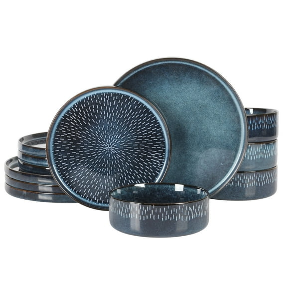 Gibson Elite 12 Piece Matisse Moderna Stoneware Reactive Glaze Dinnerware Set - Cobalt Blue