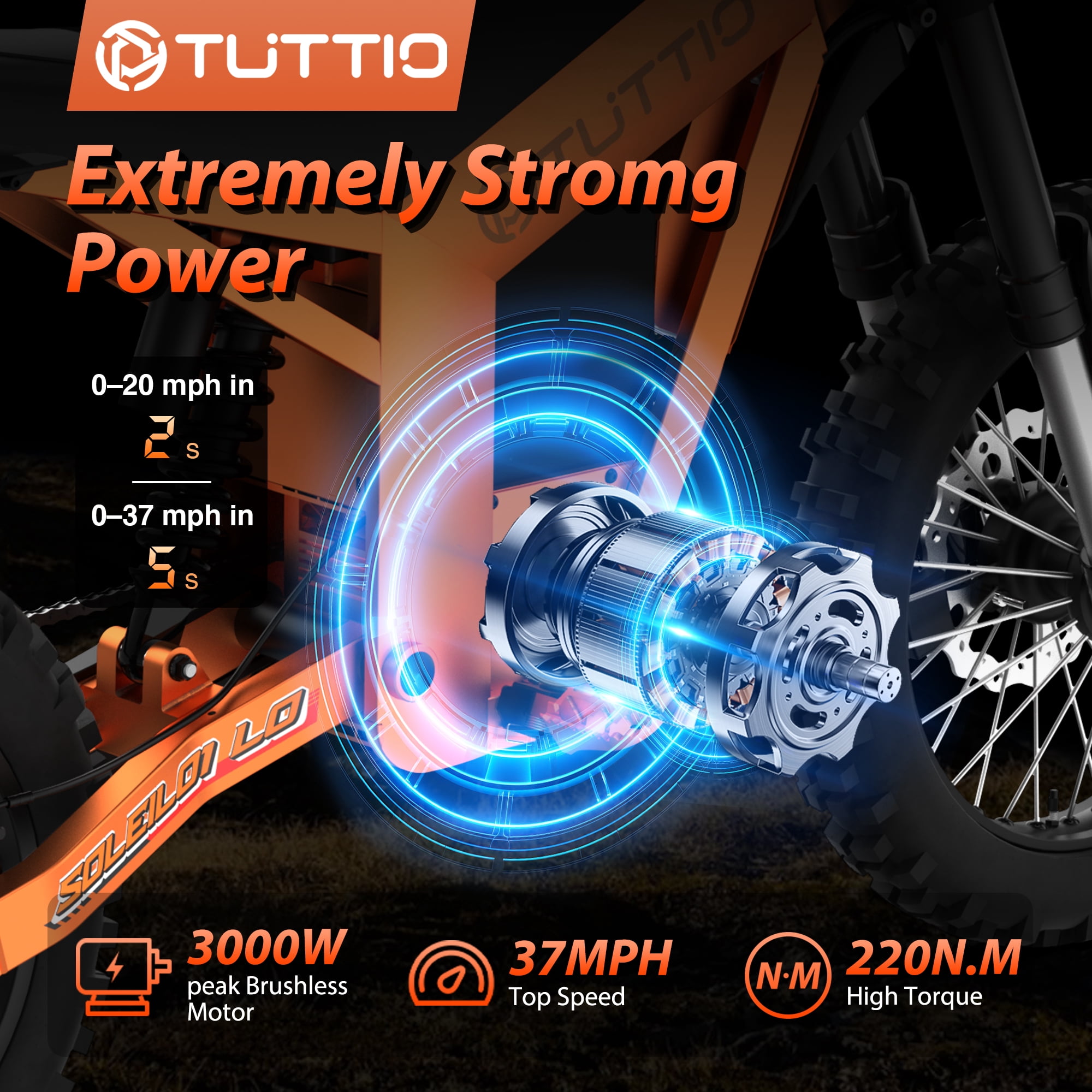 TUTTIO Soleil01 LO 3000W Adult Electric Dirt Bike, 48V 21Ah Long-Range Battery, 37MPH Max Speed, 3-Speed All-Terrain Off-Road E-Motorcycle, UL 2849