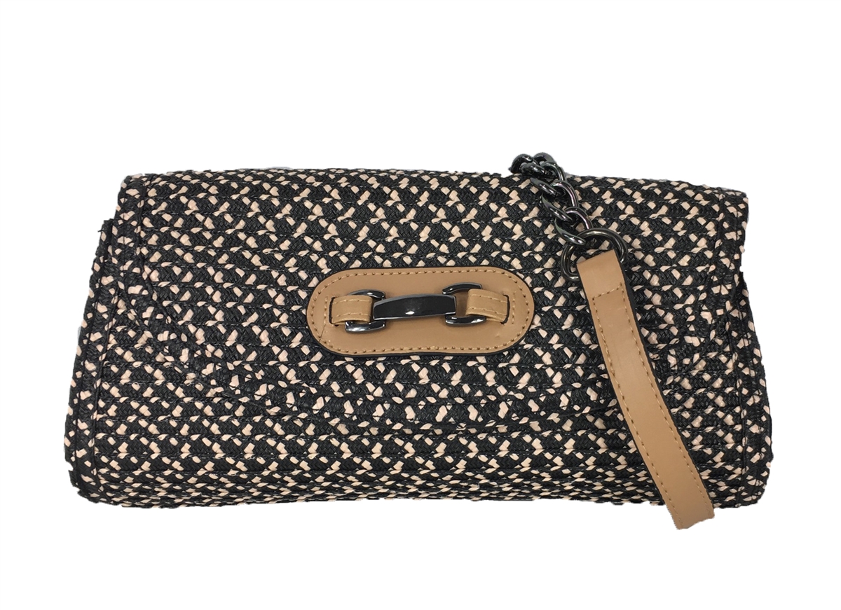 Magid Straw Convertible Clutch Shoulder Bag, Black/Natural
