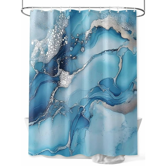 Marble Texture Shower Curtain, Blue Sliver Shinny Modern Abstract Waterproof Shower Curtain Set with 12 Hooks Lightweight Washable Fabric Shower Curtains for Bathroom 72x72 Inches