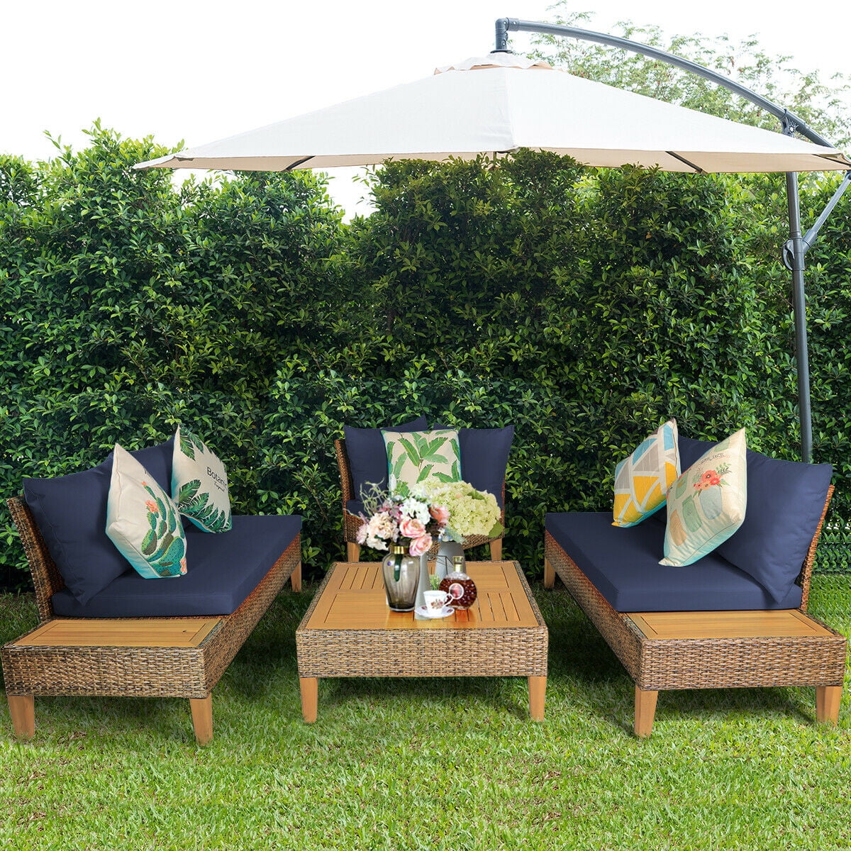 topbuy navy patio loveseat 4pcs rattan furniture set with wooden side