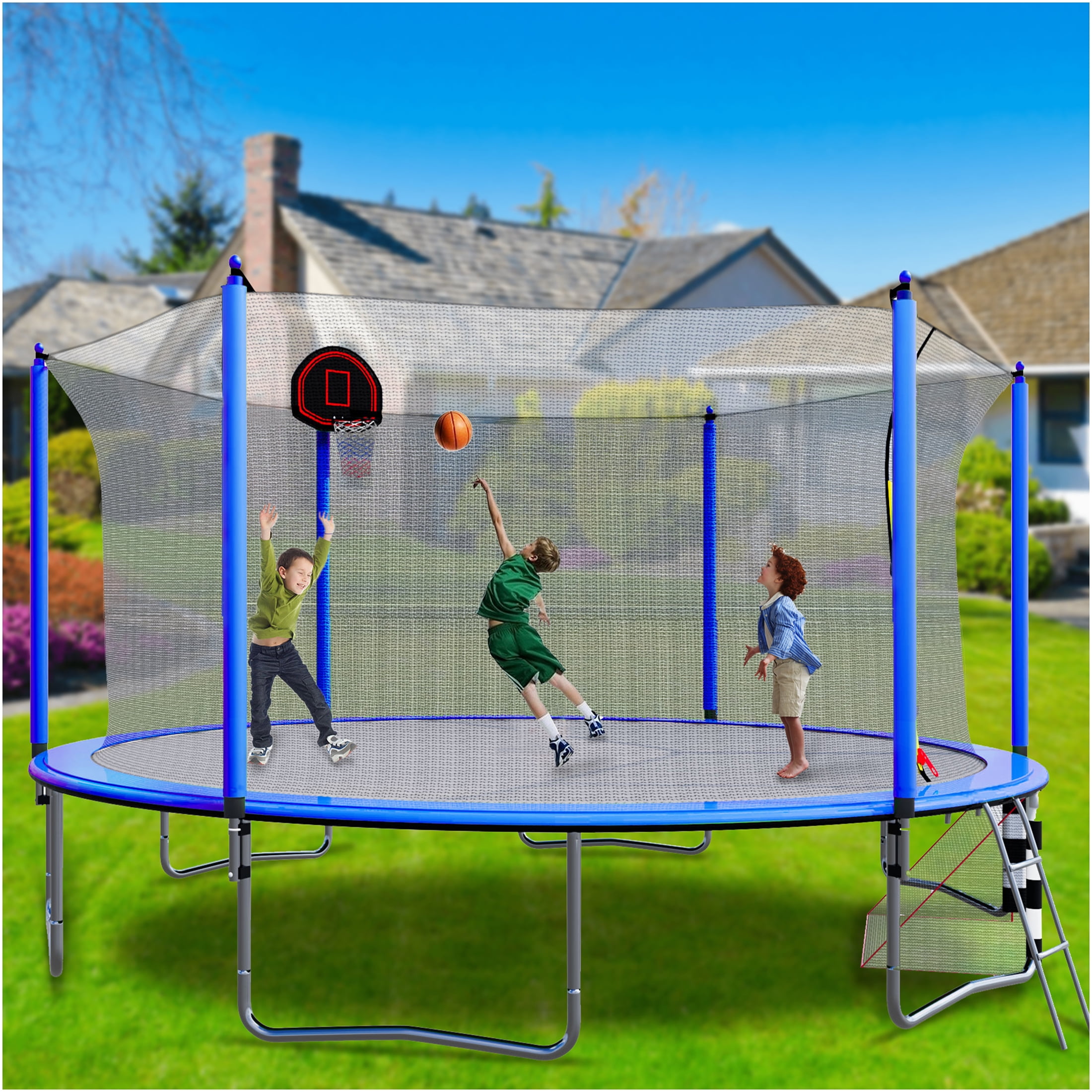 JERFIT 16FT Trampoline with Enclosure Net, Basketball Hoop, Soccer Goal, Ladder & Pump - All-in-One Outdoor Play Center for Kids, Blue