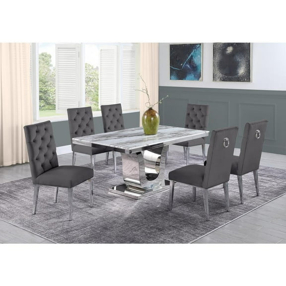 White Marble 7 piece Dining Set with Silver Stainless Steel Base