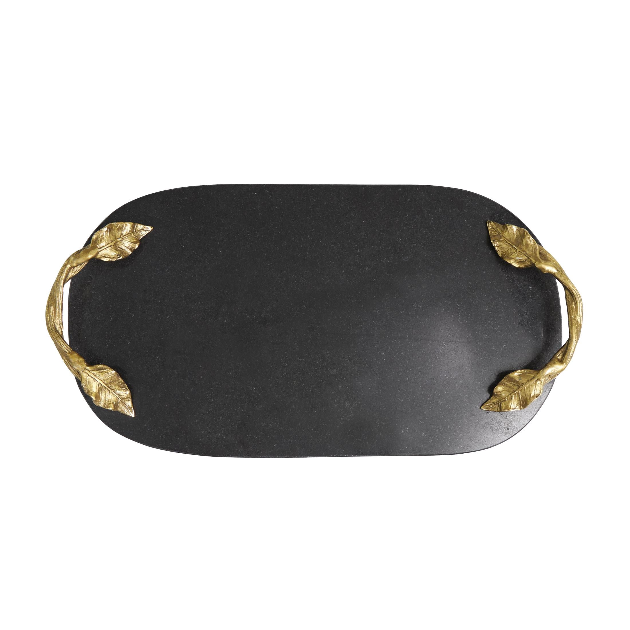 DecMode 19" x 10" Black Marble Oval Leaf Tray with Gold Twisted Metal Handles, 1-Piece