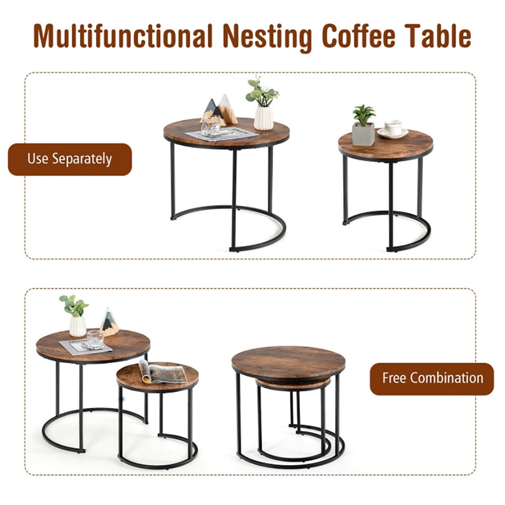 Finihen Round Nesting Coffee Table, Modern Nesting Side Set, Set of 2 Modern Round Stacking Nesting Coffee Tables, for Living Room, Reception Room, Brown Finihen Round Nesting Coffee Table, Modern Nesting Side Set, Set of 2 Modern Round Stacking Nesting Coffee Tables, for Living Room, Reception Room, Brown