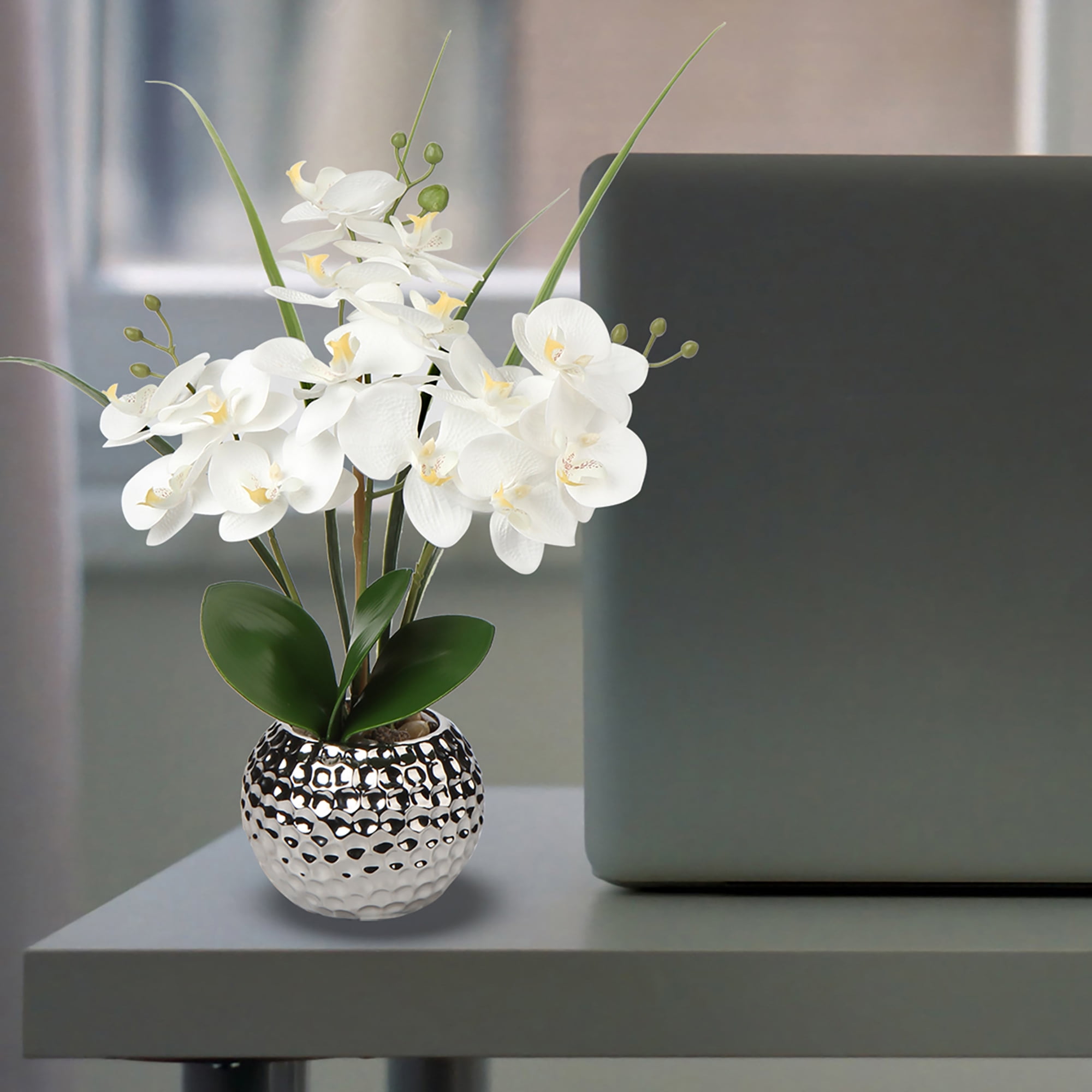 20'' Orchids Artificial Flowers, White Faux Orchid Flowers with Silver Vase Realistic Phalaenopsis Flowers for  Home