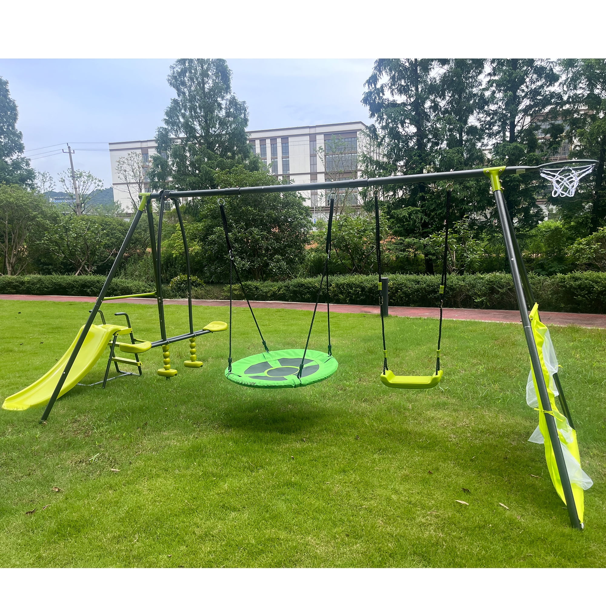 iRerts 6 in 1 Swing Set with Slide, Metal Outdoor Swing Sets for Kids with 2 Swings, Glider, Basketball Hoop, Soccer Goal, Swingset Playset for Kids Boys Girls, Kids Outdoor Swing for Backyard, Green