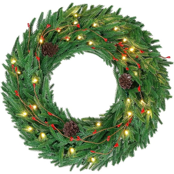 Christmas Pine Cones Wreath,Norfolk Pine Wreath Decorations for Front Door, Indoor Wall Decor, Outdoor Winter Wreaths, Christmas Decor with 30 LED Lights,22 Inches