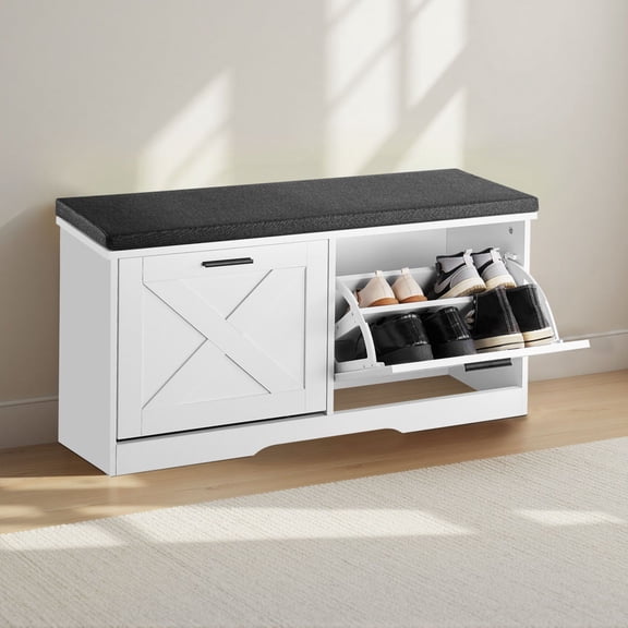 39.4 x 12.0 x 18.7 Inch Multi-Functional Entryway Bench with Cushion and Flip-Down Drawers for Shoe Storage, Hallway & Mudroom Furniture