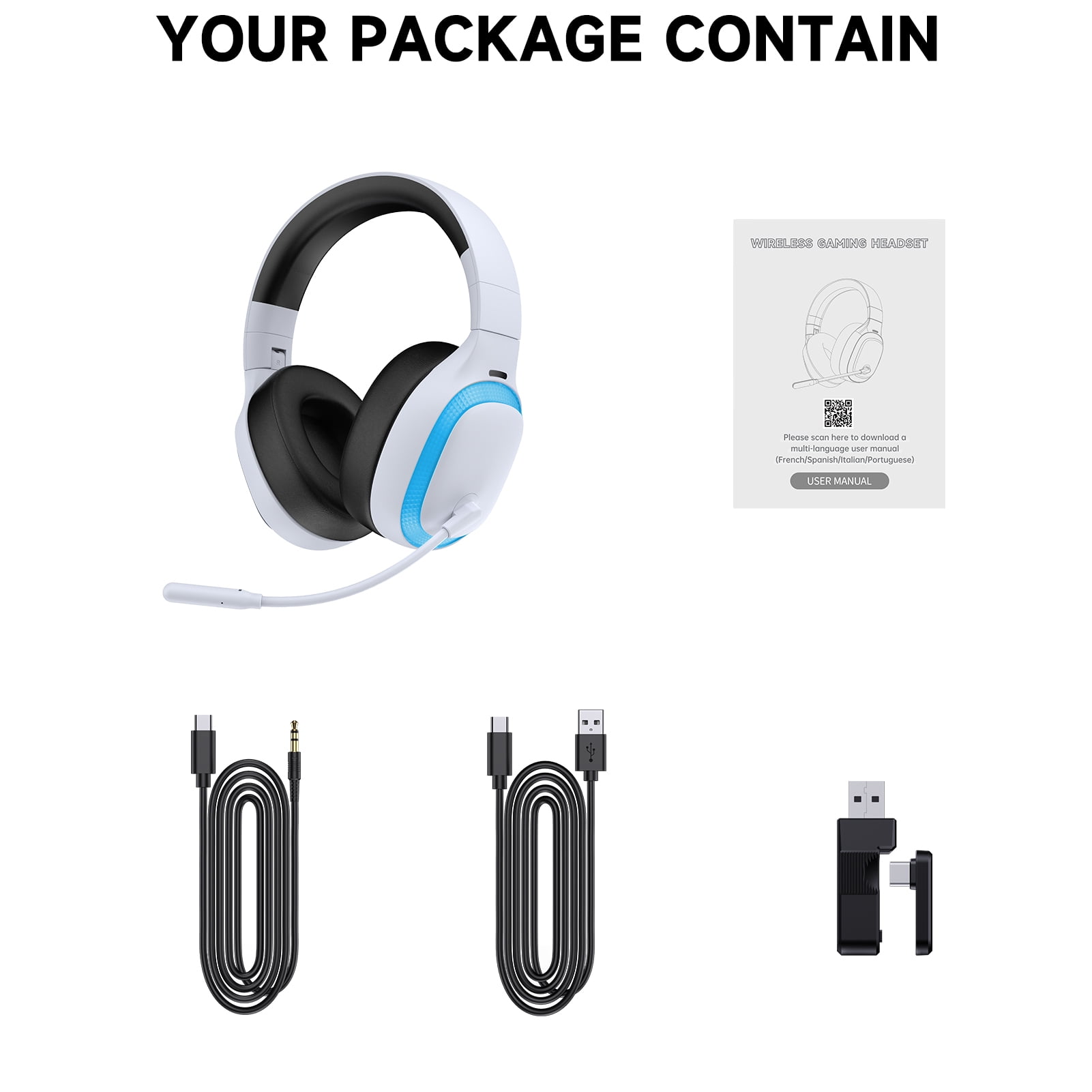 Ecomoment Wireless Gaming Headset for PS5, PC,Switch,Mac with Bluetooth 5.4, 2.4GHz USB PS5 Headset with Mic,Gaming Headphones with RGB Light, 70H Battery Life,White&blue/