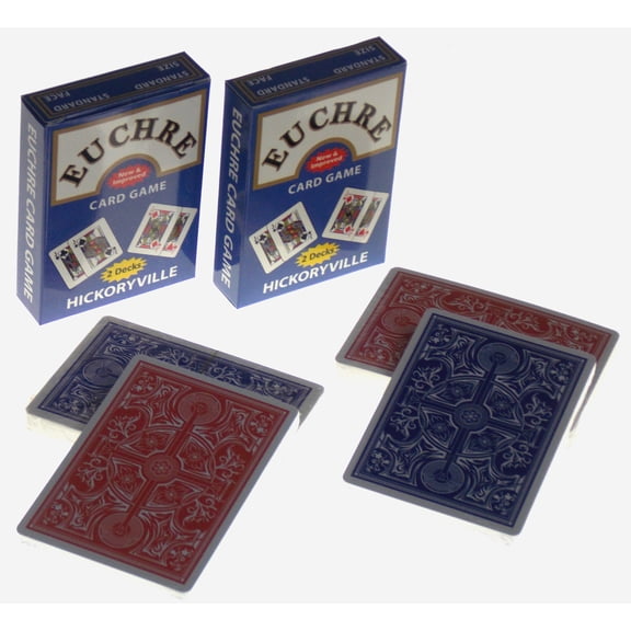 Hickoryville Euchre Card Game - 4 Specialty Decks Pre-Stripped to 24 Cards (9 Thru Ace) for Classic American Euchre - Custom Blank Counter Cards Included. 2 Blue and 2 Red Decks