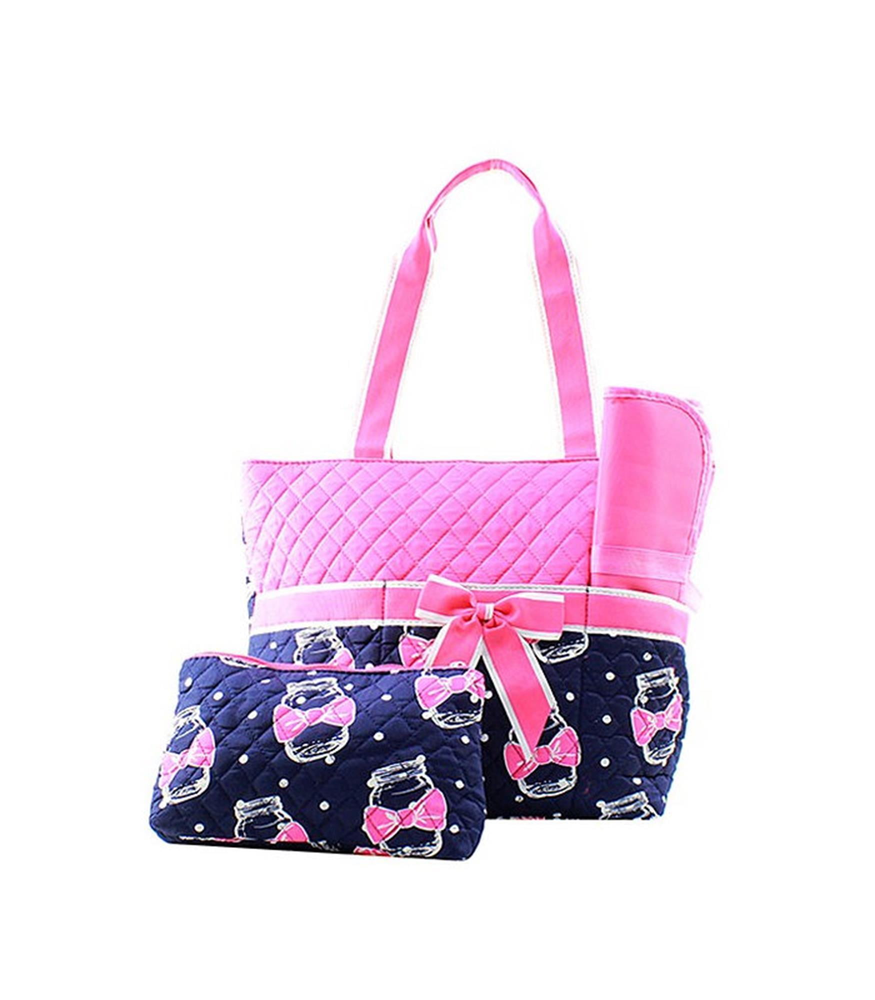 Quilted Diaper Bag 3Piece Set, Mason Jar Navy/Hot Pink By Quilted