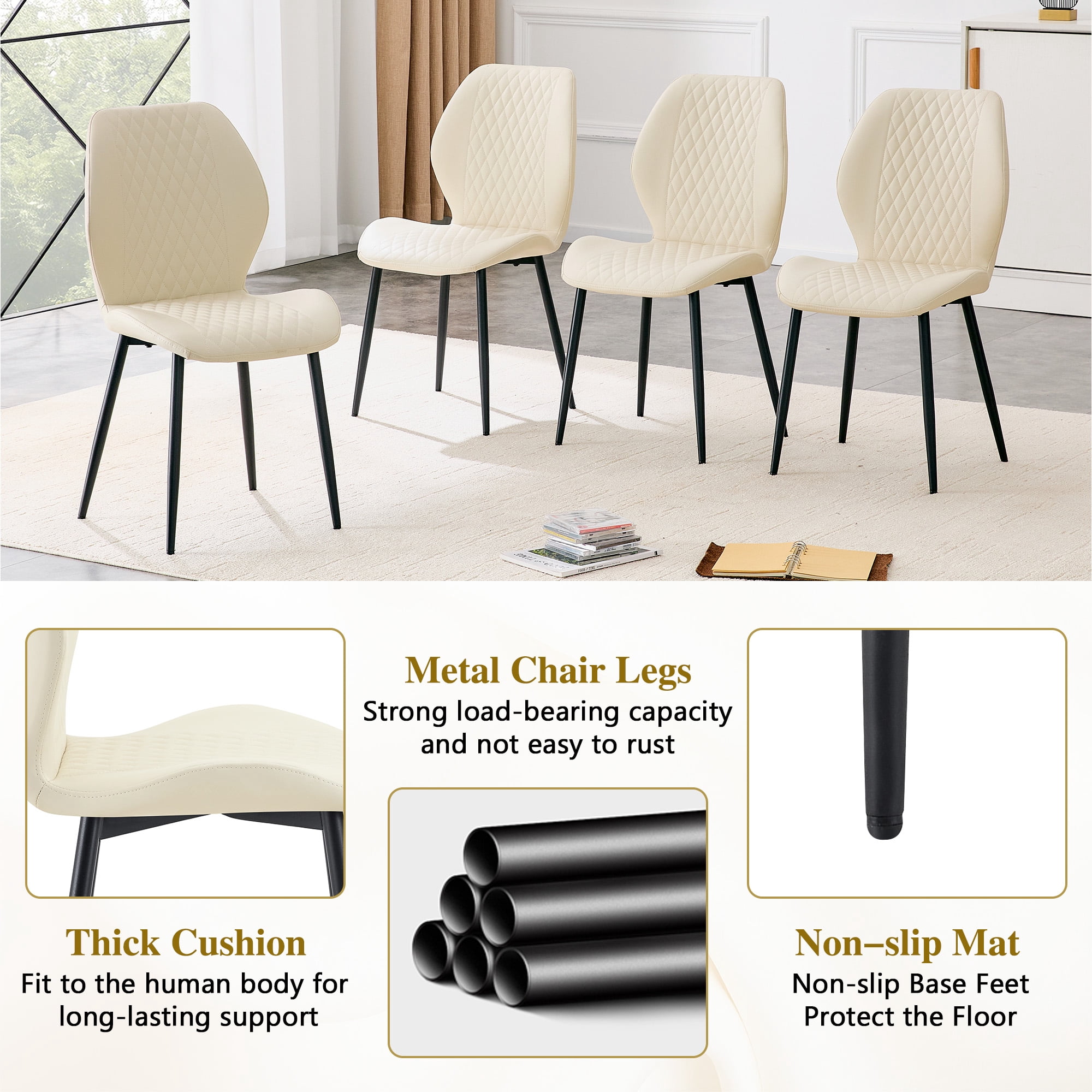 MOONMISS Dining Chairs Set of 4,Modern luxury Diamond-Quilted PU chairs with black metal legs for Dining Room Living Room,Beige