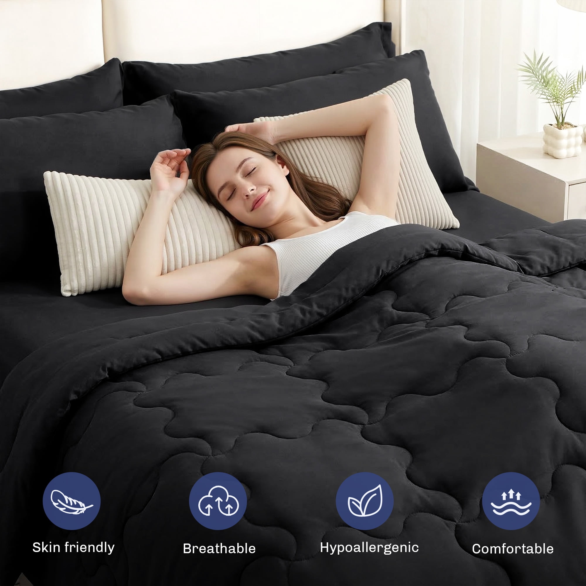 BDEUS 7 Pieces Comforter Set Full，Bed in A bag，All Seasons Bedding sets with Comforter,Fitted Sheet,Flat Sheet,Pillowcases & Shames，Black