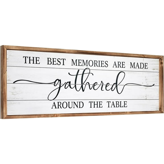 MODE HOME 42x15 Inch Wooden Wall Art with Title The Best Memories Are Made Gathered Around The Table, Rustic Farmhouse Dining Room Wall Decor, Large Framed Kitchen Wall Art for Home Decor