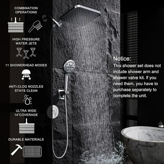 14" Rainfall Shower Head with Handheld - 11 Modes Hand Held with Power Jets, Adjustable Rain Showerhead, Double Shower Heads High Pressure, 70" Hose & Detachable Holder Upgrade for Tandem Bathroom