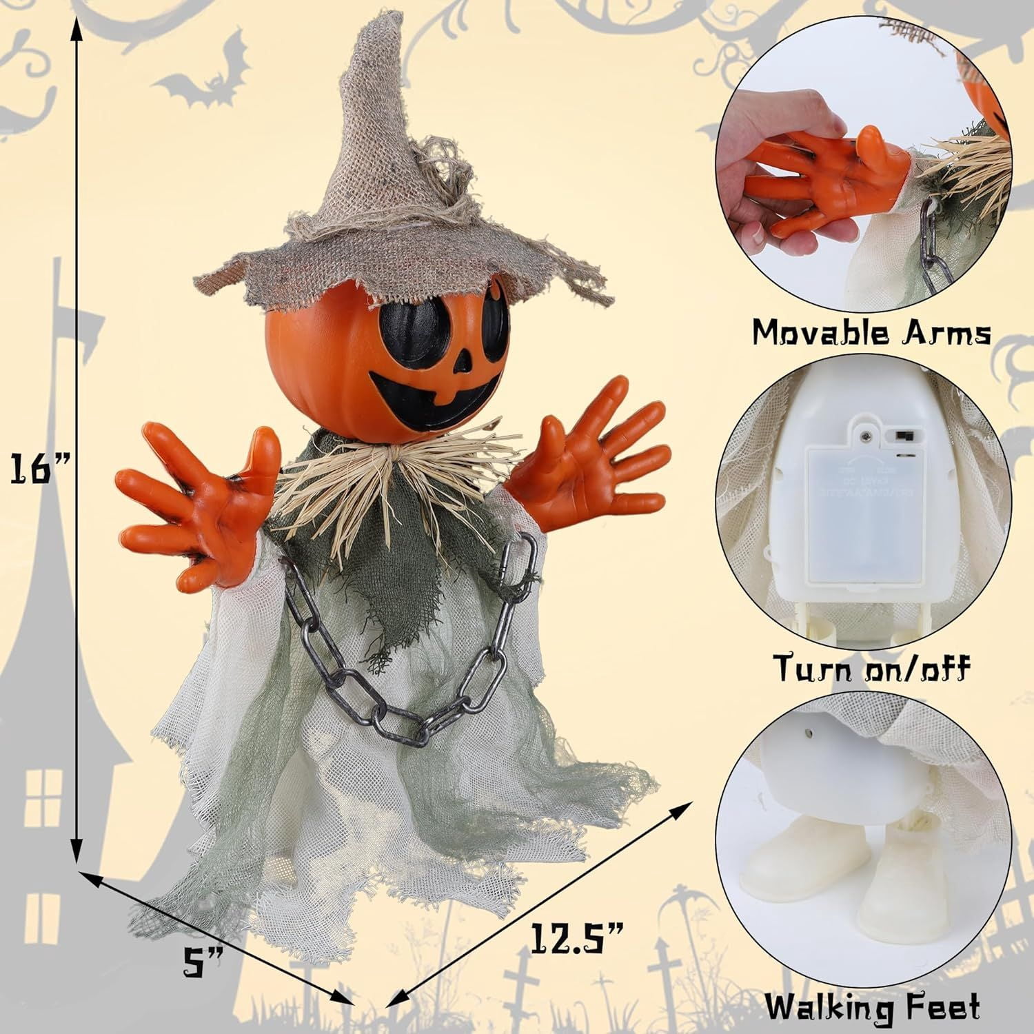 16 Inch Animated Pumpkin Man Animatronics with Touch and Sound Activation