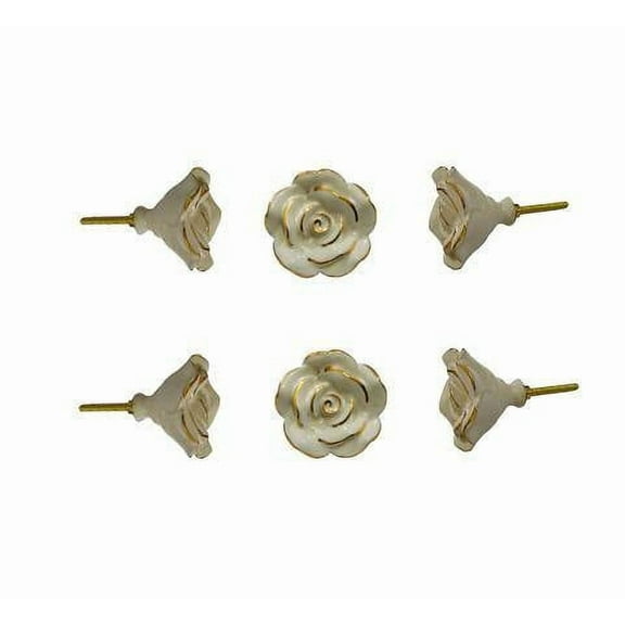 Set Of Six Off White Rose Flower Ceramic Knobs Pull And Push For Handles, Cabinet, Drawer, Door, Wardrobe, Home Interior Decorative Item