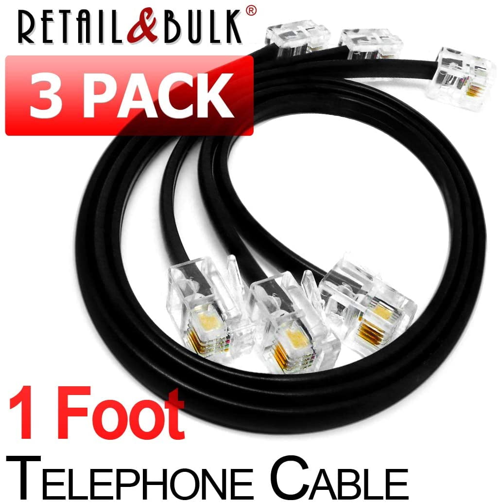 Black RJ11 Male to Male 6P4C Phone Line Cord Made in USA by Retail&Bulk 12 Inch Premium Quality Telephone Cable 