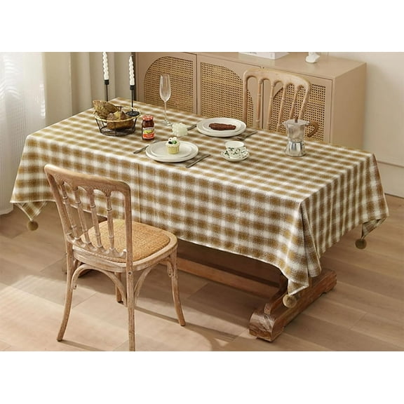 Fennco Styles Plaid Woven 100% Cotton Tablecloth with Pom Pom 56" W X 88" L - Brown Table Cover for Winter Holiday Décor, Banquet, Family Gathering and Special Occasion