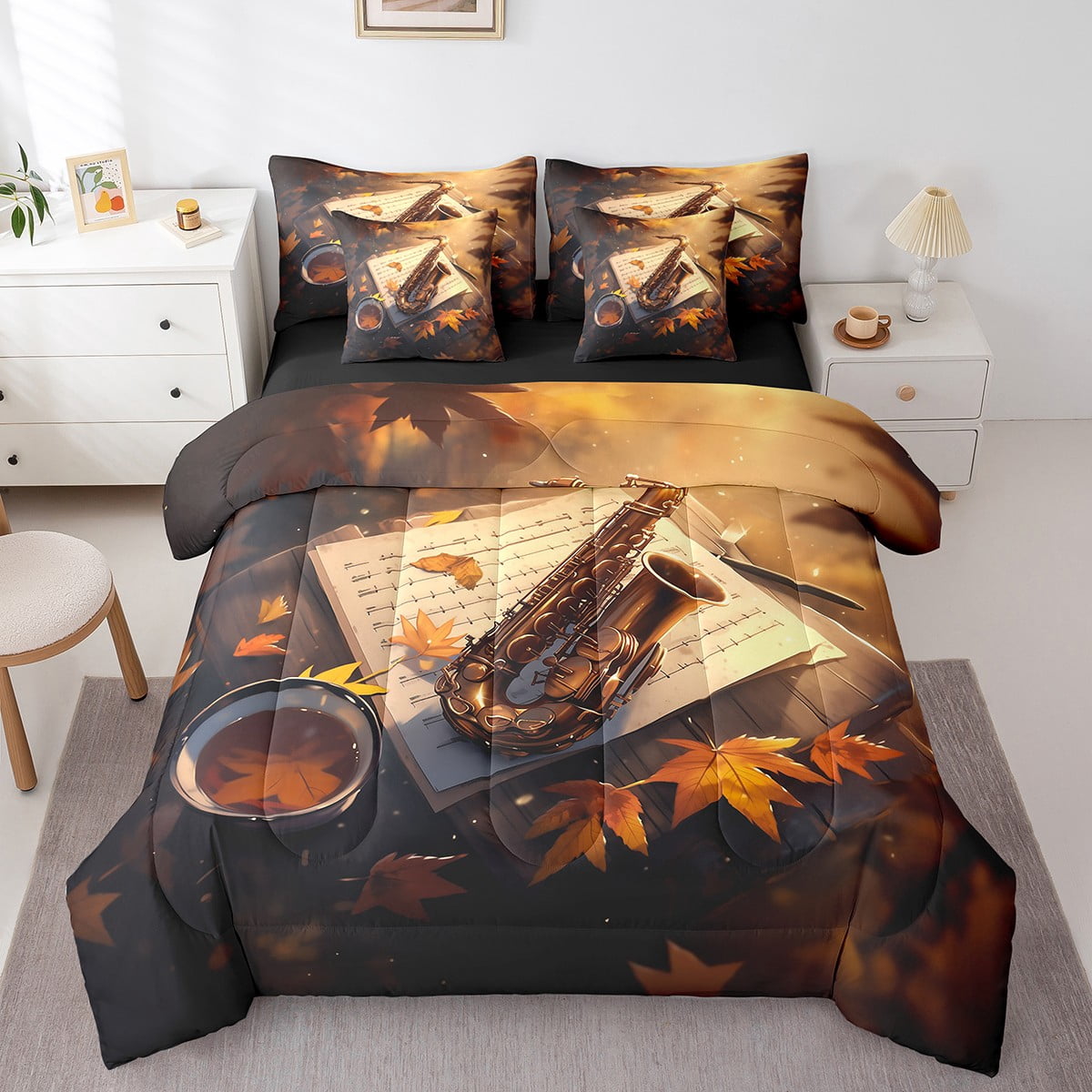 Ensemble de Literie Saxophone Complet 7 Pcs, Ensemble de Literie Musique Jazz Rétro avec Draps Lit en Sac, Ensemble de Draps Notes de Musique, Couette Feuilles d'Automne avec 2 Housses de Coussin