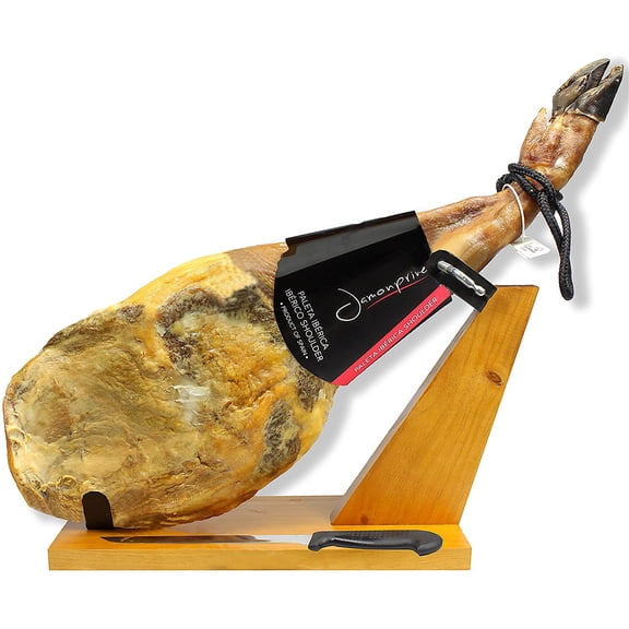 Spanish Iberico Ham (Shoulder) Pork Ham Pata Negra with Mediterranean Sea Salt + Ham Stand & Knife