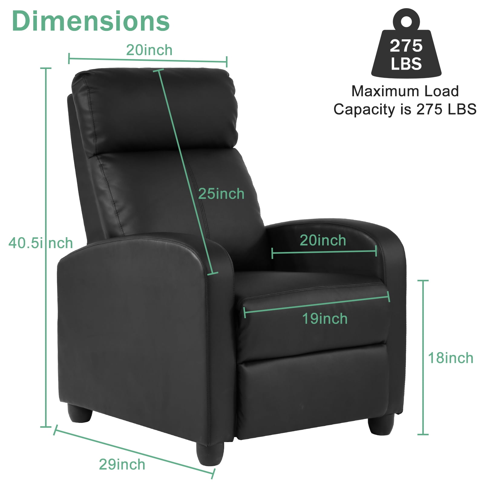 Recliner Chair Ergonomic PU Leather Reclining Chairs Adjustable Single Sofa with Padded Seat& Footrest, Modern Home Theater Seating for Living Room, Black