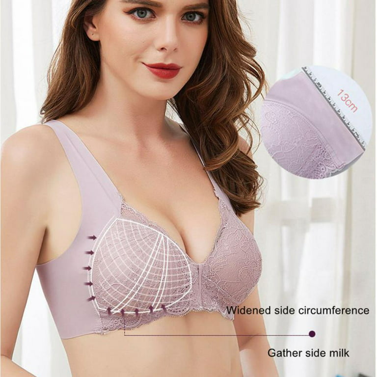 Women Plus Size Deep V-Neck Lace Front Closure Triangle Cup Push-Up Bras