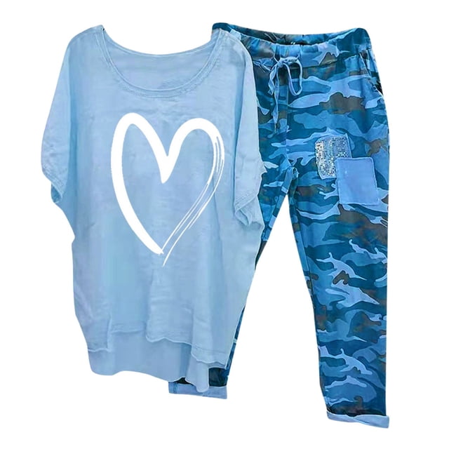 EYWGYA Ensemble de Détente pour Femmes, Survêtements pour Femmes 2 Pcs, Ensemble Décontracté Imprimé avec Haut à Manches 3/4 à Col Ras du Cou et Pantalon