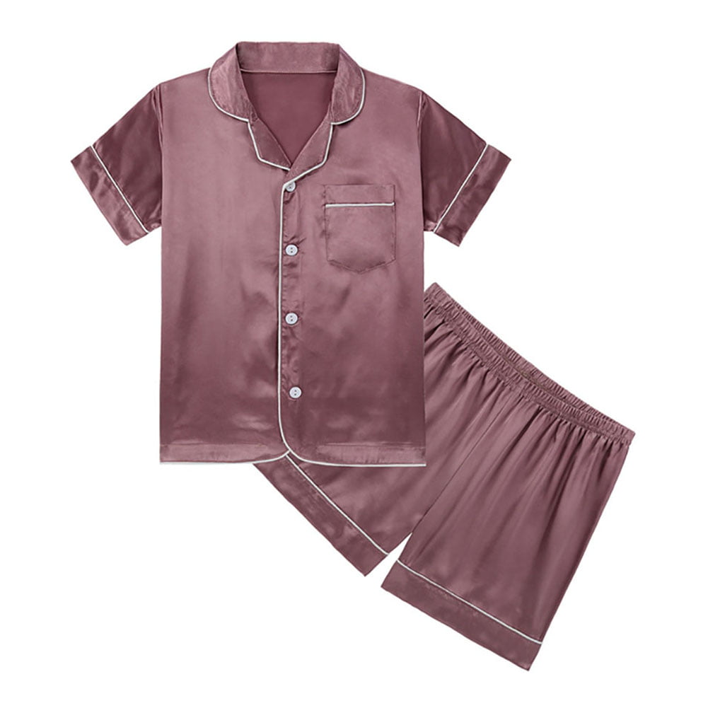 SILVERCELL Little Big Child 2PCS Satin Silk Sleepwear Set Girls Boys Short  Sleeve Button-Down Shorts Pjs 