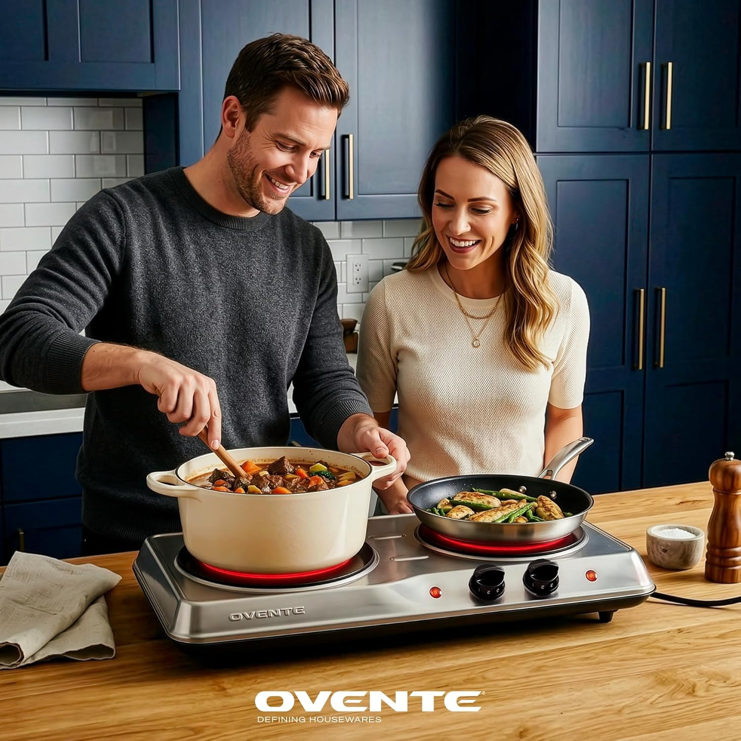 OVENTE Countertop Infrared Double Burner, 1700W Electric Hot Plate and Portable Stove with 7.75" and 6.75" Ceramic Glass Cooktop, 5 Level Temperature Setting and Easy to Clean Base, Silver BGI102S