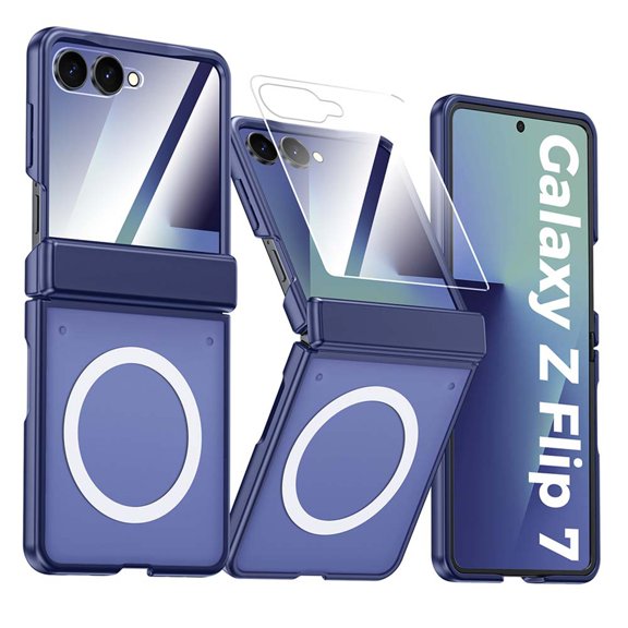 GJL Magnetic Case for Samsung Galaxy Z Flip 7, Frosted Rigid Plastic Cover with Built-in Tempered Glass Screen Protector, Hinge Protection, Raised Edge, Blue
