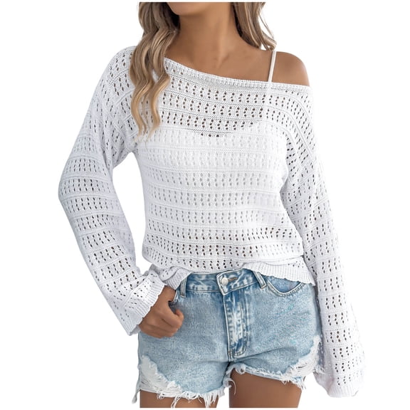 ShomPort Womens Vacation Tops Crochet Long Sleeve Hollow Out Knit Cover up Pullover Tops Summer Spring