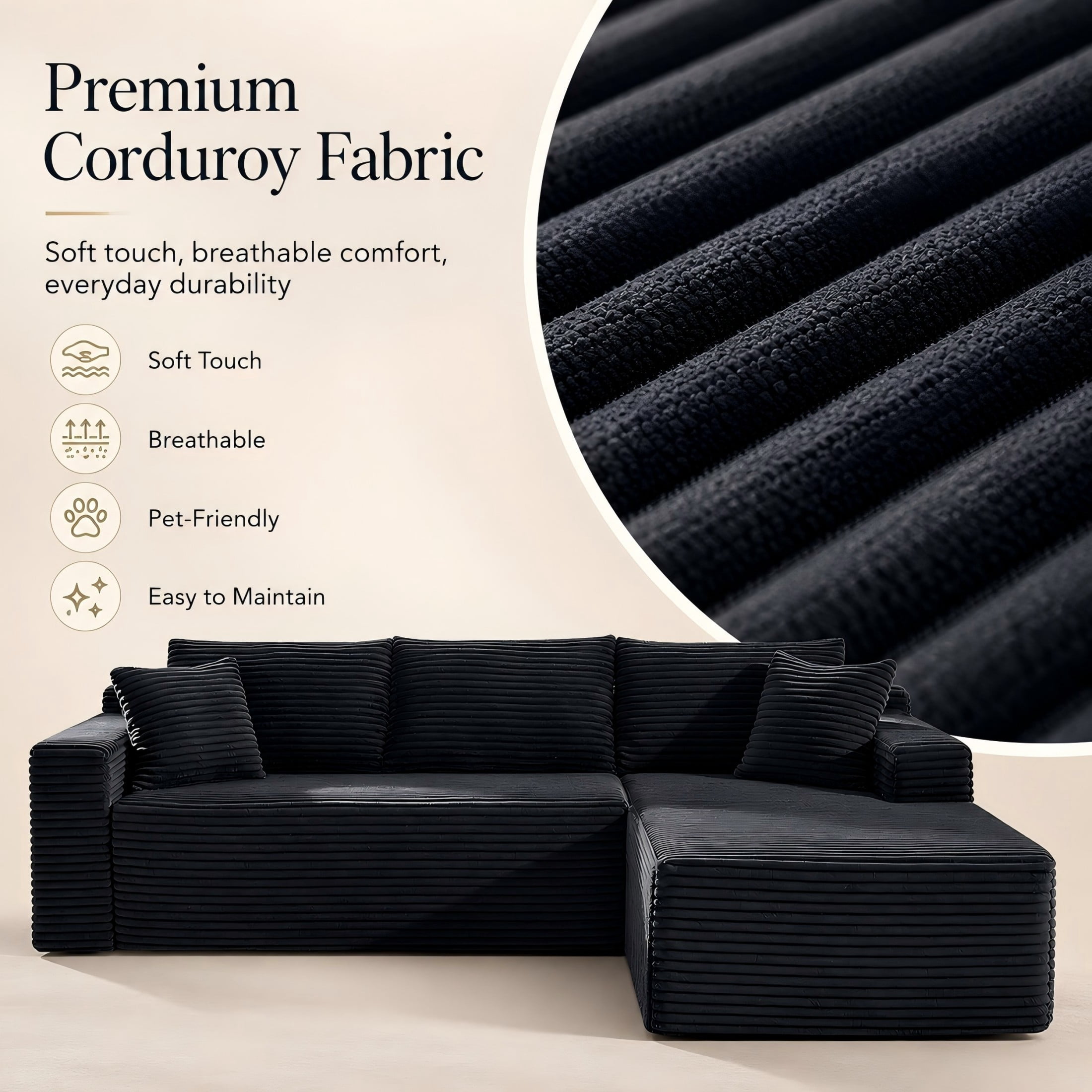 Aukfa 107" Cloud Modular Sectional Couch with Right-Facing Chaise, Corduroy Deep Seat Boneless Sofa for Living Room, Apartment, Black