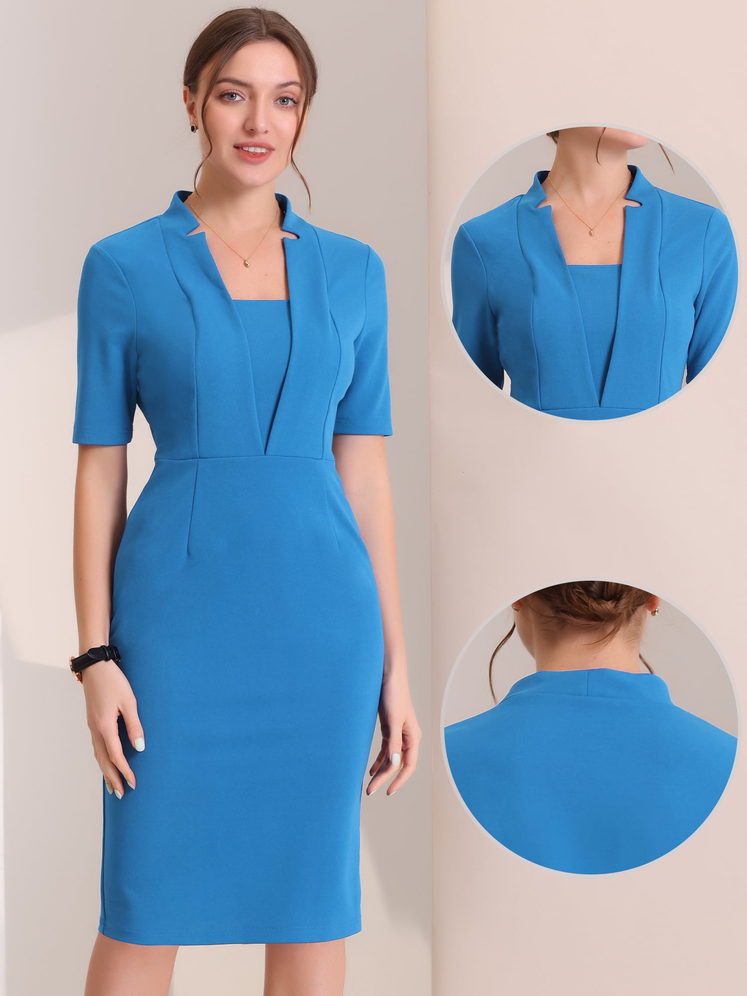 DARING DIVA Women's Short Sleeve Business Office Pencil Dress M Blue
