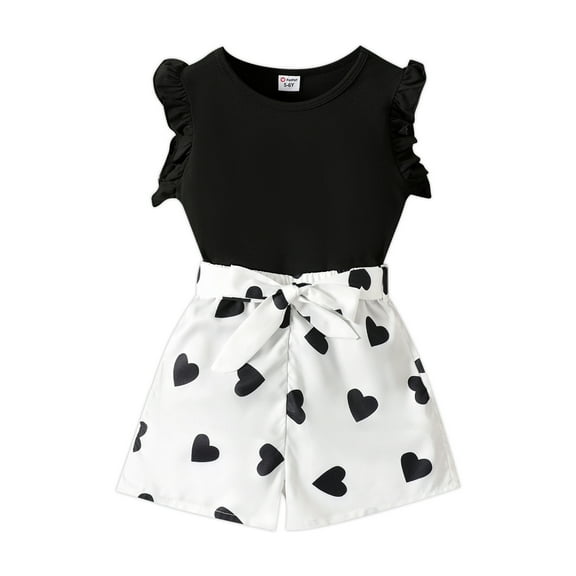 PatPat Girls Flutter Sleeve T-Shirt Love Heart Belted Shorts 2 Pieces Summer Outfit Set Sizes 5-12