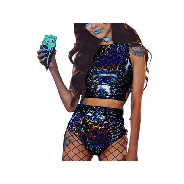 TRKIYQC Body de Mujer Mini 2 Piezas Holograma Metálico Crop Top y Shorts Trajes para Fiesta de Baile Clubwear TRKIYQC moda