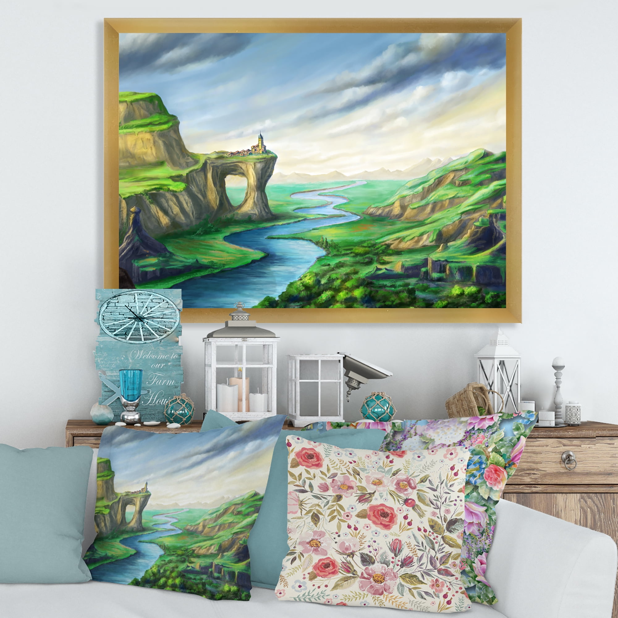 Meandering River With Blue Fantasy Landscape 32 in x 24 in Framed Painting Canvas Art Print, by Designart