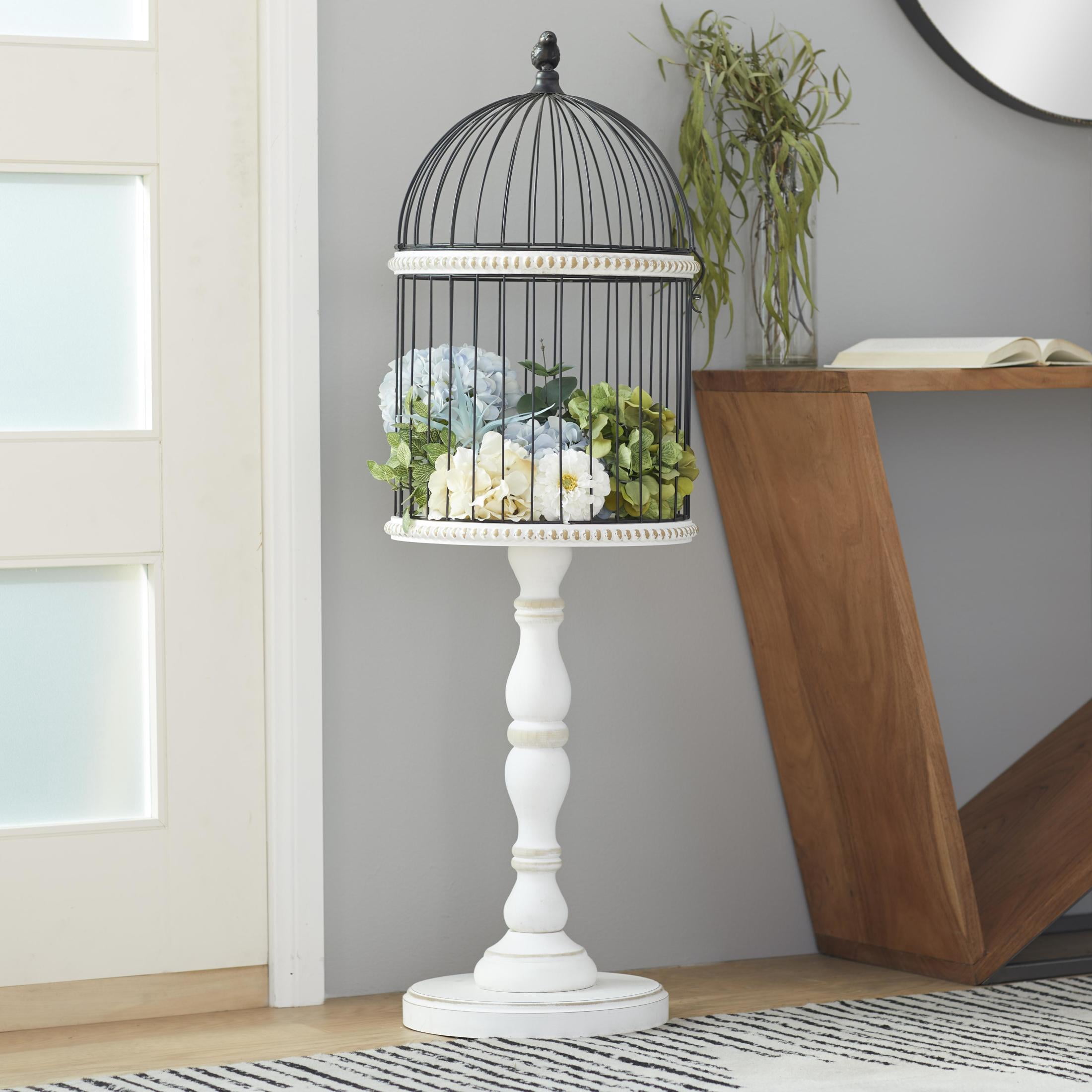 DecMode Bird Indoor Outdoor Turned Beaded Wood Birdcage with Black Metal Wire Frame