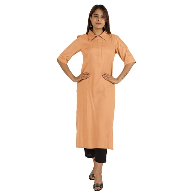 Moomaya Kurta en Rayonne Uni pour Femmes à Manches Évasées, Col à Cordon, Kurti Ethnique Long