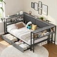 thumbnail image 5 of Daybed Twin Size Corner Bed Frame with Charging Station & 2 Storage Drawers, Twin Metal Corner Platform Bed Frame with Storage Shelves for Living Room Bedroom, Gray, 5 of 10
